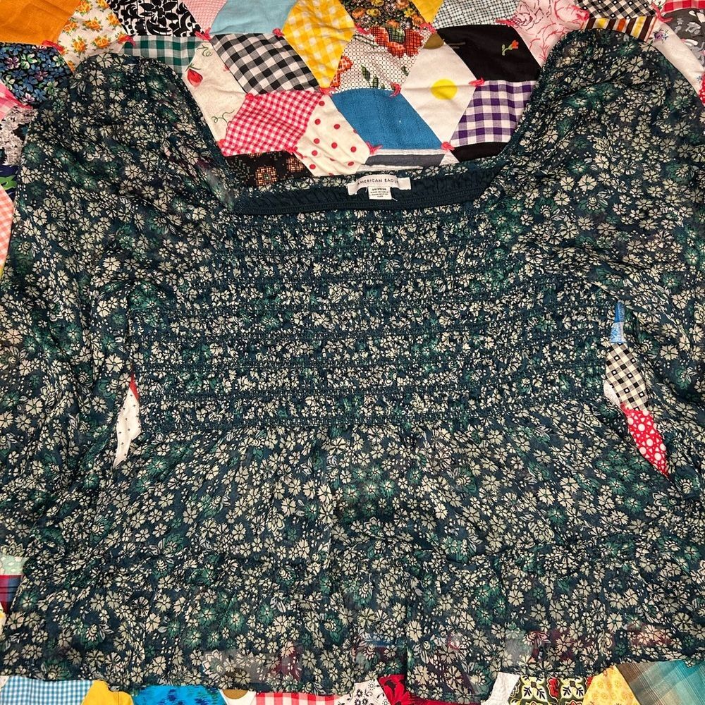 American Eagle Outfitters Floral Smocked Cropped Blouse -